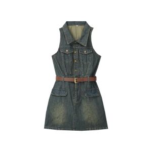 Elegant Collar Overskirt Denim Vest Dress Women Summer Hong Kong Style Blue Sleeveless Neck Hanging Waist Inward A-Line Long Dress