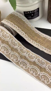 2m/roll 5cm Natural Jute Burlap With White Lace Rustic Vintage Wedding Decoration DIY Fabric Ribbons
