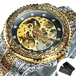 T-WINNER | WINNER Fashion Skeleton Automatic Mechanical Watch for Men Business Iced Out Mens Watches Top Brand Luxury Stainless Steel Band