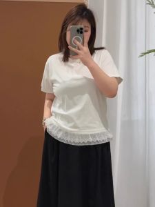 plus Size Lace Short Sleeve T-Shirt Womens New Style Casual Pure Color round Neck Top Fat MM White Inner Shirt Base Layer