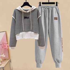 Fashionable Sportswear Set for Women Spring Autumn Loose Striped Sweatshirt Embroidered Short Top Casual Pants Two Piece Set