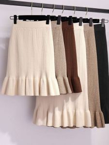 Street Style Knitted Fish Tail Skirt Half-length Wrap Skirt with Ruffle Hem Bodycon Mid-waist Design for Casual Wear