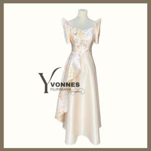 Modern Filipiniana Brocade Maxi Dress Beige Cameron Design 1