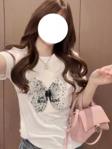 Slim Fit Butterfly Embellished T-Shirt Womens Short Sleeve Casual Fashionable Summer Top Glittering Commute Korean Style