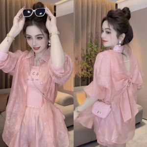 Bộ Đồ Hai Mảnh Thời Trang Chống Nắng Mùa Hè Cho Nữ Áo Sơ Mi Cổ Polo Tay Dài Quần Short Khoét Rỗng Quần Áo Công Sở Thường Ngày