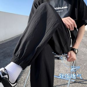 Pants Mens Summer Thin Loose Trendy Casual Pants Mens Cotton and Linen Sports Pants Linen Cropped Pants Ankle Banded Pants