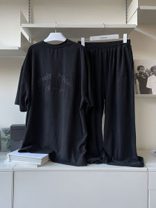 MASONPRINCE Spring Summer Soft Cotton Knitted Set Men Loose T-shirt Sweatpants Full Black Home Leisure Comfortable Streetwear