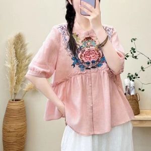 LUCKIN STORE Ethnic Cotton Linen Blouse Embroidered Top Summer New 2025 Shirt Retro Loose Chinese style Button Artistic Cardigan