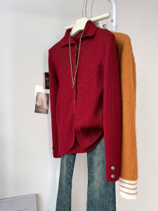 QINGNAER | Wine Red Vintage Minimalist Lapel Single Button Knitted Cardigan Sweater