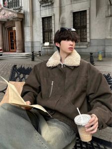 Retro Mỹ Ve Áo Rộng Rãi Cotton Vải Bông Áo Khoác Nam Mùa Đông Ấm Áp Lông Cừu Tích Hợp Dày Dặn Áo Khoác Ngoài Thời Trang Trẻ Trung Dài Tay