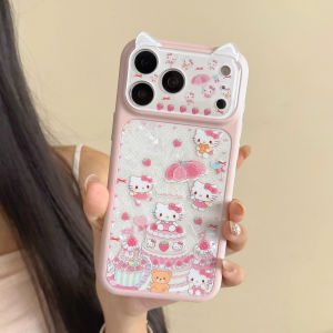 Sanrio | Pink Frame 3D Cat Ear Hello Kitty Strawberry Cake Print Case Sparkle Anti-fall Protector For iPhone 151617 Pro Max Girl Gift