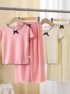 Ruffle Hem Short Sleeve Loose Wide Leg Pant Set For Girls