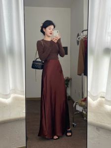Acetate Skirt High Waist A-Line Long Dress Womens Fashion Spring Autumn New Style Versatile Floor-Length Draped Skirt