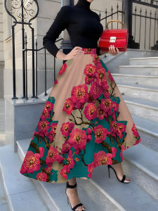 Printed Design Four season casual style pink floral skirt with beige and cyan background