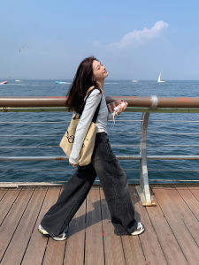 Quần Jeans Denim Ống Rộng Phong Cách Thường Ngày Màu Trắng Khóa Kéo Sọc Xanh Cổ Điển Quần Jeans Nữ Quần Jeans Ống Rộng