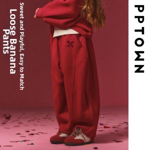 PPTOWN | Red Thick Thermal Trousers Warm Winter New Year