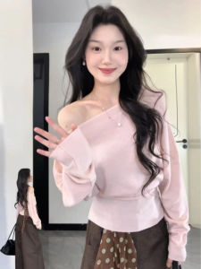 YUEZHONGWEI | French Style Asymmetric Shoulder Pink Slim Waist Knitted Top