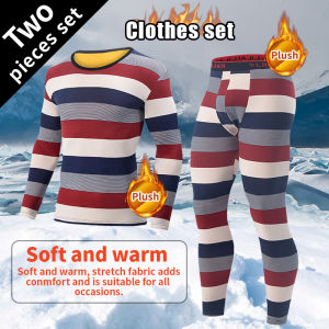 2-piece Autumn And Winter Mens Velvet Warm Printed Set Comfortable Thickened Cold Resistant Round Neck Top Elastic Waist Pants