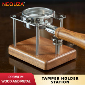 NEOUZA Coffee Tamping Station 51/54/58mm Portafilter Stand Holder Fits Most Espresso Machine，Adjustable Height Sapele Mahogany Stainless Steel