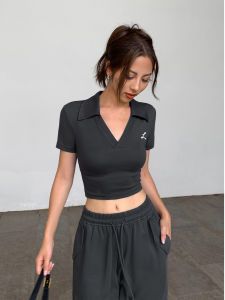 NEVA HU Black V-Neck Short Sleeve Knitted T-Shirt Womens Summer Casual Slim Fit Polo Shirt Regular Shoulder Pure Color Top