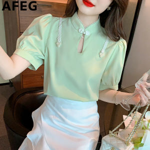AFEG new Korean version stand collar fashion loose and assorted retro chiffon short-sleeved blouse