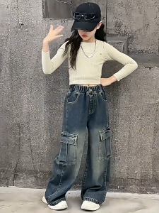 2025 Denim Pants For Kids Girl 4 Pockets 7-15yrs Vintage Washed Denim Cargo Pants For Kids Girl Baggy Pants Jeans For Kids Girl New Fashion
