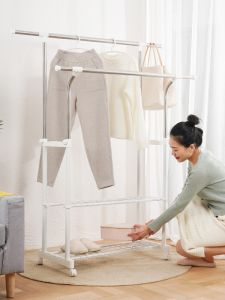 Stainless Steel Floor-Mounted Double Rod Clothes Drying Rack Balcony Clothesline Home Use Retractable Manual Installation