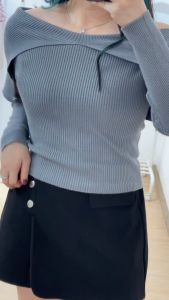 6114 Ruana Collar Shoulder Long Sleeves Knit Crop Top Atasan Wanita Rajut