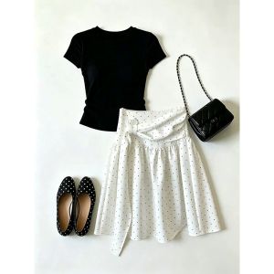 YINGKETUO | Plus Size Elegant Polka Dot A-line Skirt Set