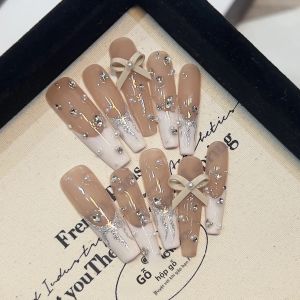 Bộ 10 Móng Giả Hình Chữ T Kiểu Pháp Với Nơ 3D Đính Đá Lấp Lánh Bộ Dụng Cụ Làm Móng Tự Làm Dành Cho Nữ Và Bé Gái