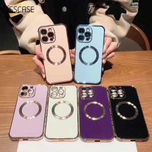 Kisscase Mạ sang trọng Magsafe sạc không dây Trường Hợp Đối Với iPhone 15Promax 15 Cộng Với 15 Pro 14 13 12 silicon mềm Bìa