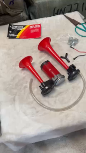 Bộ còi hơi ô tô điện 12v và 24v không cần bình hơi. Còi sinh hơi 2 loa đỏ (giá 1 bộ)