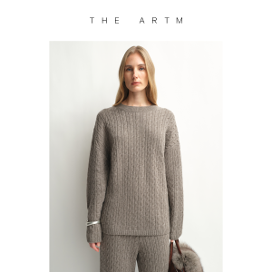 Soft Relaxing Wool and Cashmere Retro Jacquard Knit Round Neck Sweater and Wide Leg Pants Set