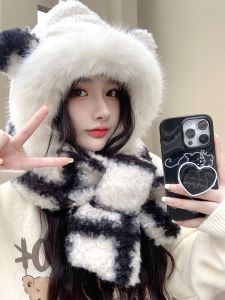 Hat Scarf All-in-One Warm Keeping Winter Ushanka Outdoor Cold-Proof Plush Gingham Sweet Bear Scarf for Women