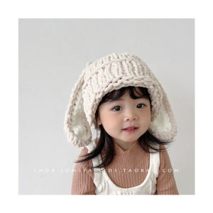 Cute Knitted Childrens Hat Autumn Winter Style Girls Rabbit Yarn Cap Baby Overhead Hat Warm Comfortable Soft Fabric round Top No Brim