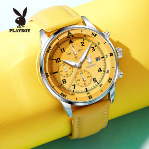 PLAYBOY Mens Waterproof 2024 Original Genuine Quartz Luminous Calendar Chronograph Leather Casual Mens Sports Watch