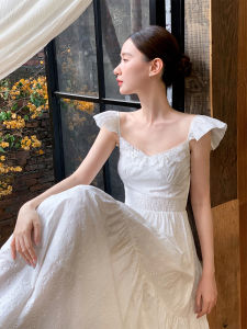 XXNING French Style Floral Print Mini Dress Womens Summer Elegant Beach Vacation Long Sleeveless A-Line Gown Cotton 100%