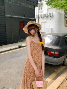 NIHAOKANONG | Đầm Voan In Hoa Dây Đeo Ngực Cao Cinch eo Mới Kiểu Nghỉ Dưỡng Màu Cam