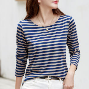 Women Long Sleeve Round-neck T-shirt Casual Tee Stripe Tops 93% Cotton