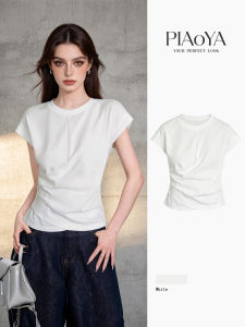 PIAOYA | Waist-cinching Short-sleeve Feminine Elegant T-shirt Slim Wrinkled Design Regular Shoulder T-shirt