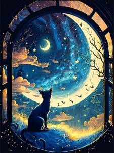Huacan Diamond Painting Cat Animal Full Square Round Diamond Embroidery Diamond Mosaic Moon Landscape Rhinestones