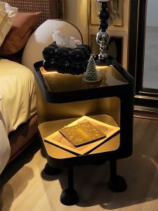 Modern Minimalist Iron Art Bedside Table with Light Small Size Simple Design Luxury Feel Storage Rack for Bedroom Furniture