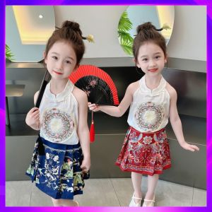 ชุดเด็กผู้หญิงแขนกุดปักลายสไตล์จีนโบราณ ชุดเด็กผู้ชายฤดูร้อนบาง ชุดเด็กผู้หญิงผ้าไหม ชุดเด็กผู้ชายผ้าฝ้าย ชุดเด็กผู้หญิง