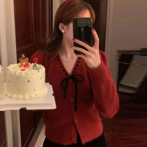 Gentle Style Sweet French Style Cardigan Sweater Female Fall and Winter New Style Pink Atmosphere Bows Beautiful Knitting Tops