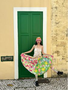 Chen Xiao Leg~Turn Left French Countryside Style Floral Print Pleated Skirt Womens Spring Design Unique Mid-Length Skirt