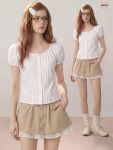 KBVVR | White Puff Sleeve Straight Shoulder Short Sleeve Blouse Shirt