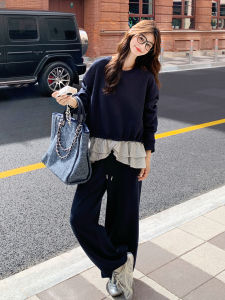 Loose Fit Hoodie Set Womens Autumn New Style High Waist Wide Leg Pants Two Piece Set Fake Two Piece Graded Color Bell Sleeve