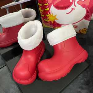 Cute Big Head Waterproof Rain Boots Womens Short Tube Fleece Lined Warm Water Shoes Red Rain Boots Spring Autumn Winter