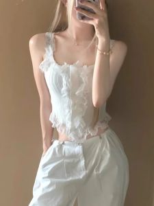 Pure Desire White Lace Trim Knitted Strap Vest Women Summer Sweet Spicy Girl High Sensation Slim Fit Short Top