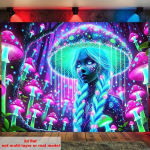 VIKAMA UV Reactive Neon Mushroom Forest Tapestry Braided Girl Psychedelic Glow Wall Hanging for Bedroom Gaming Room Decor